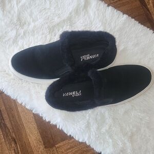 Vaneli Black Fuzzy Trim Sneakers